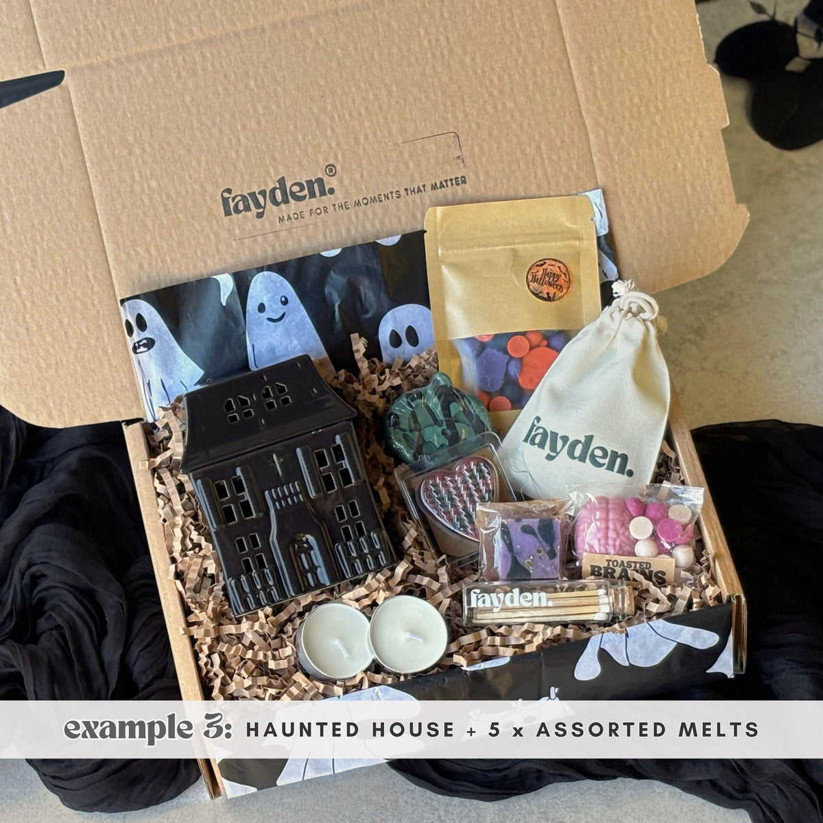 Halloween wax melt burner gift set in a spooky FAYDEN gift box, featuring an orange pumpkin burner, white mummy burner, assorted Halloween wax melts, tealights and a handmade gift-ready presentation  Halloween Wax Melts
Strong Wax Melts
Pumpkin Spice Melts
Spooky Surprise Gift
Hug In A Box Gifts
Halloween Pocket Hug
Mystery Sampler Box
Boo Basket Gift Idea
Autumn Scents
Melts Discovery Box
Build Your Own Set
Custom Halloween Box
Home Fragrance Gift