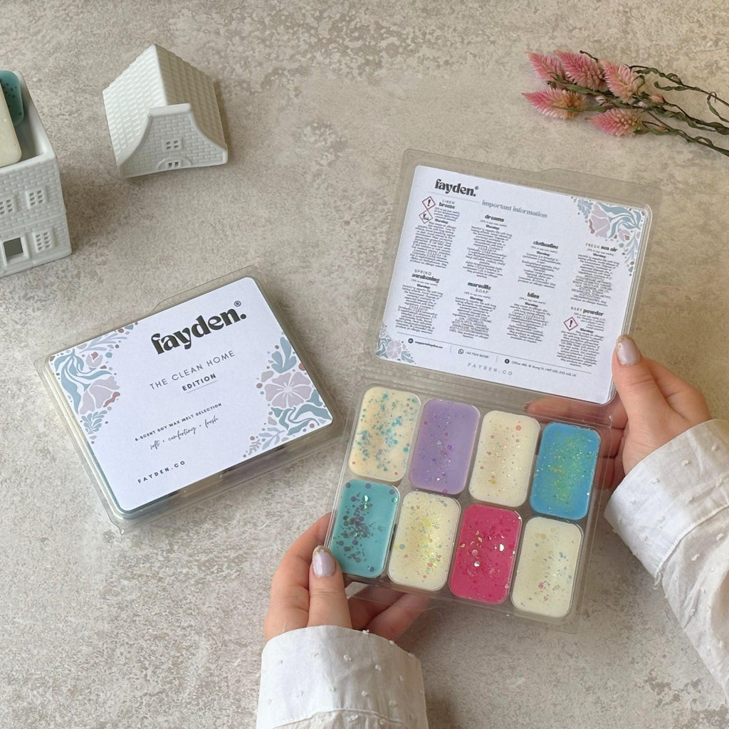 FAYDEN home fragrance scent guide featuring eight fragrances: Linen Breeze, Spring Awakening, Dreams, Marseille Soap, Clothesline, Bliss, Fresh Sea Air and Baby Powder. The elegant floral illustrated design describes each scent with notes of fresh cotton, green florals, soft woods, powdery warmth, clean air and gentle musk. A refined home fragrance collection created for quiet rituals, comforting moments and making home feel beautifully yours