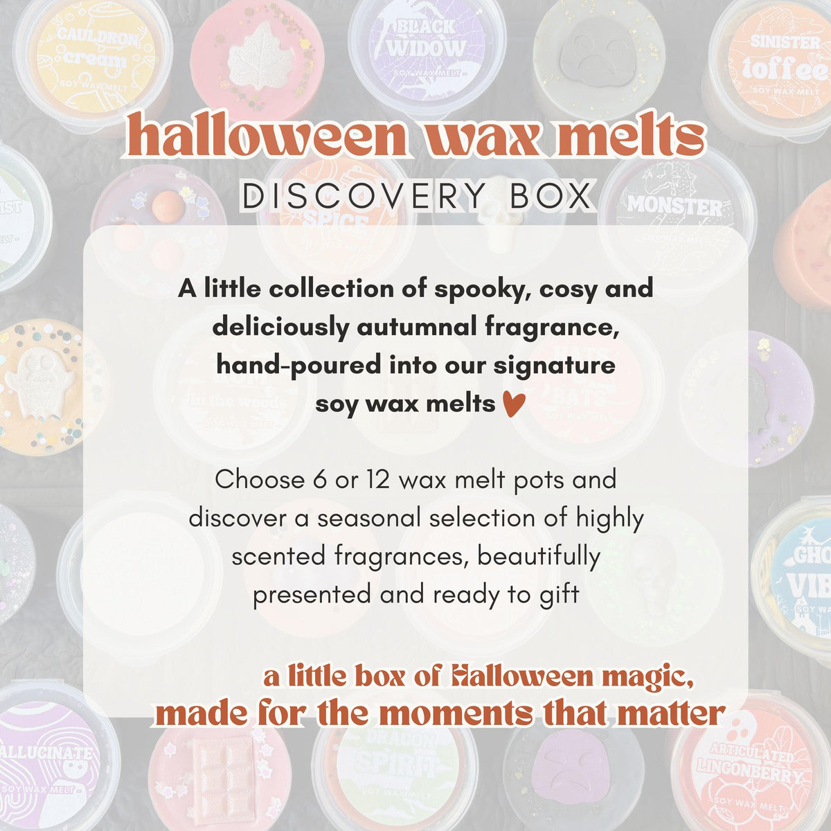 Halloween Wax Melt Discovery Box | 6 or 12 Premium Highly Scented Soy Wax Melts | Halloween & Autumn Assorted Melt Sampler Collection Gift